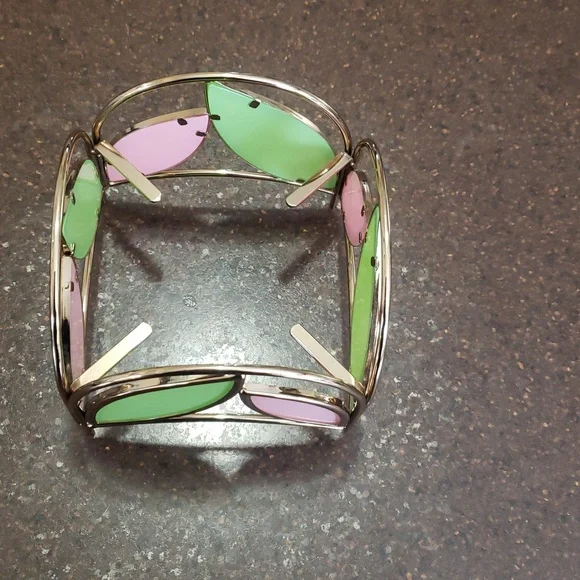 Bath & Body Works Pink & Green Leaf Stained Glass MCM Candle Holder 3 Wick - Picture 2 of 3